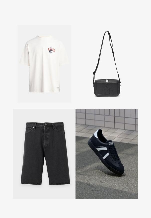 Kremna bombažna majica s kratkimi rokavi in okroglim izrezom. Ima grafični tisk v modri in rdeči barvi z besedilom in motivom.; Črne jeans kratke hlače s ravnim krojem, standardnim načrtom petih žepov, zapiranjem na gumb in teksturirano tkanino.; Črne usnjene superge z belimi črtami, teksturiran gumijast podplat in zavezovanje spredaj. Imajo označeno oznako na ježku.; Črna usnjena torbica čez ramo z zadrgo, embosirano logotipom spredaj in nastavljivim pasom. Gladka površina z pravokotno obliko.