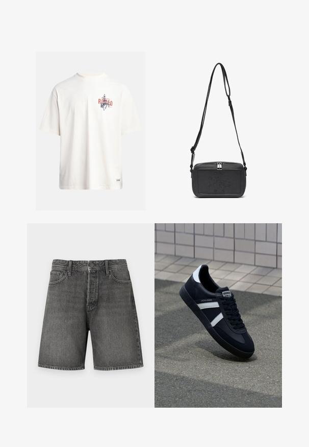 Krēmkrāsas kokvilnas T-krekls ar īsām piedurknēm un apaļu kakla izgriezumu. Ar zilas un sarkanas krāsas grafisku druku, kas ietver tekstu un motīvu.; Tumši pelēki džinsu šorti ar klasisku piecu kabatu dizainu, pogu un rāvējslēdzēja aizdari, taisnu griezumu un vieglu noregulējumu tekstūru visā virsmā.; Melnā ādas sporta apavi ar baltām svītrām, teksturēta gumijas zole un auklu aizdare. Iekļauj zīmola etiķeti uz mēles.; Melna ādas soma uz pleca ar zīmolu, slēdzamu rāvējslēdzēju un regulējamu siksnu. Gluda tekstūra un taisnstūru forma.