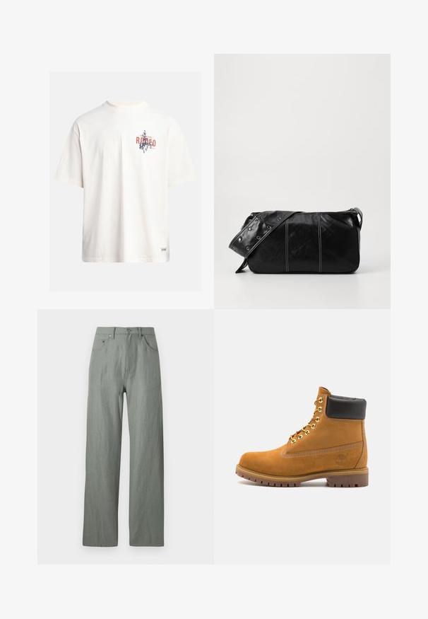 Cream cotton t-shirt with short sleeves and a crew neckline. Features a graphic print in blue and red with text and a motif.; Light green, wide-leg trousers made from a soft, textured fabric. Features include a front button closure and five pockets.; Tan suede ankle boot with black padded collar, gold metal eyelets, white stitching detailing, and rugged rubber sole with pronounced treads.; Black leather shoulder bag with a zip closure, featuring a textured body, white stitching, and a strap with silver grommets.