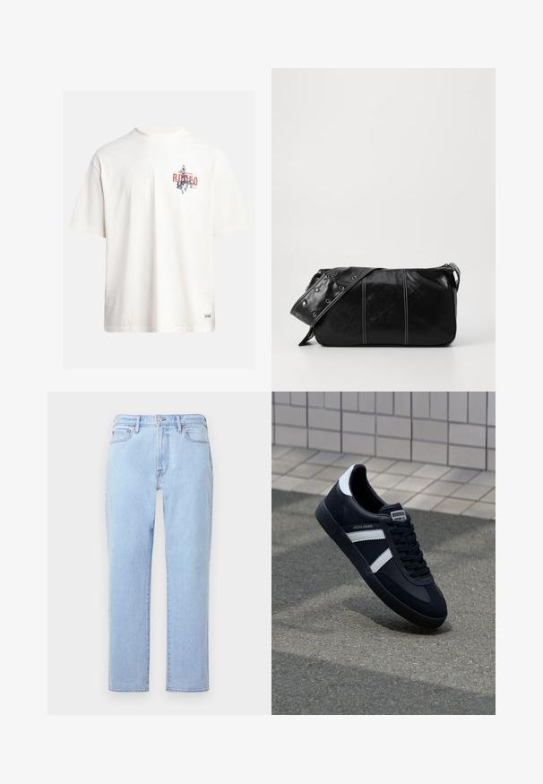 Kreminės spalvos medvilninė marškinė su trumptomis Rankovėmis ir apvaliu iškirpimu. Su grafiniu spausdinimu mėlynos ir raudonos spalvos su tekstu ir motyvu.; Šviesiai mėlynos džinsinės kelnės su tiesia kojų siluetu, penkiomis kišenėmis, mygtukų uždarymu ir subtiliu išblukusiu tekstūru. Siuvinėtos siūlės matomos siūlėse.; Juodas odinis sportinis batelis su baltais dryžiais, tekstūruota gumine padais ir raišteliais priekyje. Yra prekės ženklą žymintis etiketė ant liežuvio.; Juodas odinis pečių krepšys su užtrauktuku, turintis tekstūruotą paviršių, baltą siuvinėjimą ir dirželį su sidabinėmis metalinėmis detalėmis.