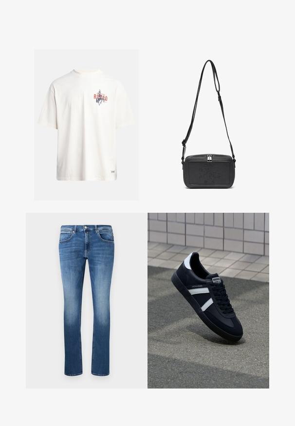T-shirt in cotone crema con maniche corte e scollatura a girocollo. Presenta una stampa grafica in blu e rosso con testo e un motivo.; Jeans in denim blu con taglio dritto, caratterizzati da sbiaditure chiare, cinque tasche e chiusura con bottone e zip. Dettagli cuciti lungo le cuciture.; Sneaker neri in pelle con strisce bianche, suola in gomma texturizzata e allacciatura frontale. Presenta un'etichetta con il marchio sulla linguetta.; Borsa a tracolla nera in pelle con chiusura zip, logo impresso sul davanti e tracolla regolabile. Texture liscia con forma rettangolare.