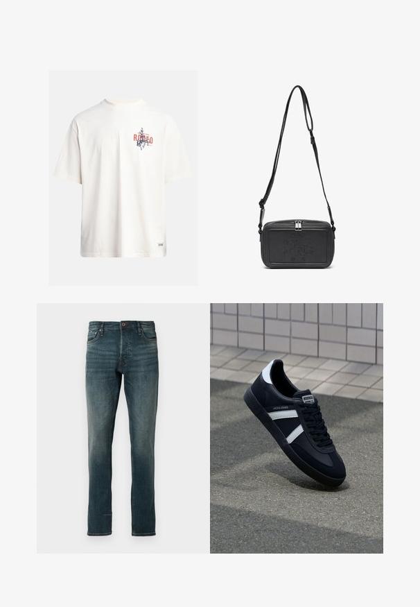 Kremna bombažna majica s kratkimi rokavi in okroglim izrezom. Ima grafični tisk v modri in rdeči barvi z besedilom in motivom.; Tanke pritegnjene temno modre kavbojke z klasičnim pet-pocket dizajnom, ki vključuje gumb in zadrgo, rahlo zbledelost in ravno hlačnico.; Črne usnjene superge z belimi črtami, teksturiran gumijast podplat in zavezovanje spredaj. Imajo označeno oznako na ježku.; Črna usnjena torbica čez ramo z zadrgo, embosirano logotipom spredaj in nastavljivim pasom. Gladka površina z pravokotno obliko.