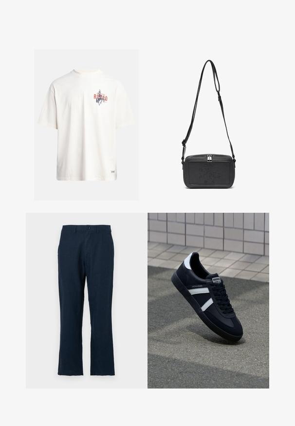 Crème katoenen t-shirt met korte mouwen en een ronde hals. Kenmerkt een grafische print in blauw en rood met tekst en een motief.; Navyblauwe linnen broeken met een rechte snit, knoopsluiting en standaardzakken. De stof heeft een soepele textuur en minimale details.; Zwarte leren sneaker met witte strepen, een gestructureerde rubberen zool en vetersluiting aan de voorkant. Voorzien van een merklabel op de tong.; Zwarte leren schoudertas met een ritssluiting, reliëflogo aan de voorkant en een verstelbare schouderriem. Gladde textuur met een rechthoekige vorm.