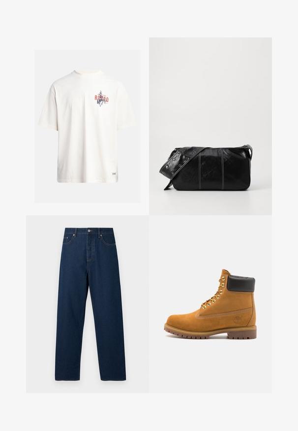Cremefarvet bomulds t-shirt med korte ærmer og rund halsudskæring. Har et grafisk print i blåt og rødt med tekst og motiv.; Mørkeblå denim jeans med lige snit, fem lommer og knaplukning. Har kontrastsy, og en klassisk linning.; Tan nubuck ankelstøvle med sort polstret krave, gyldne metaløjer, hvid syning detaljer og robust gummisål med udtalte slidbaner.; Sort læder skuldertaske med lynlås, der har en tekstureret overflade, hvid syning og en rem med sølvøskner.