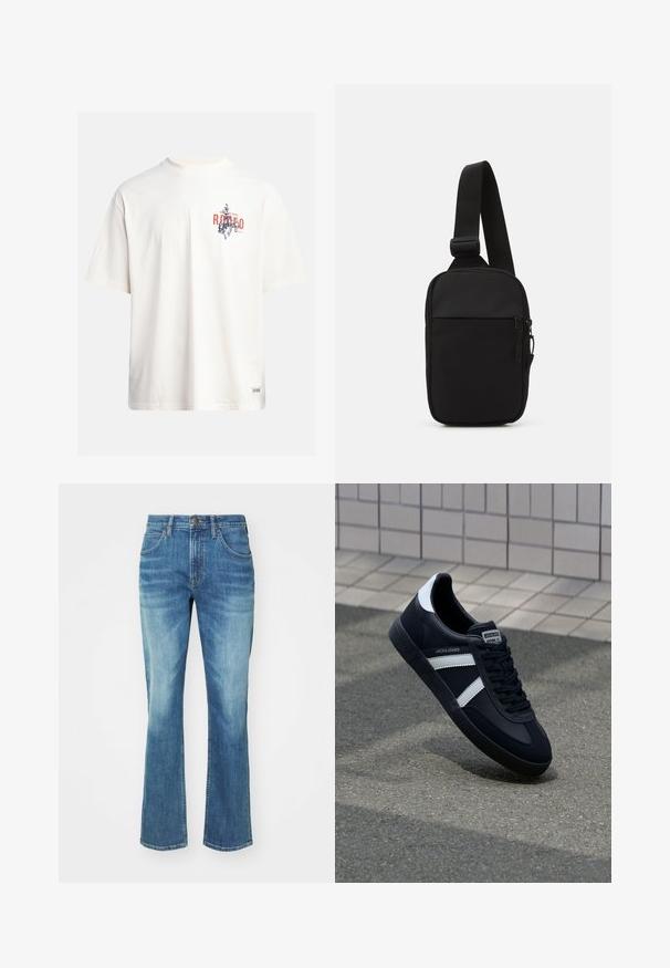 Kreemikollane puuvillane T-särk lühikeste varrukatega ja ümara kaelusega. Omab sinist ja punast graafilist trükist, millel on tekst ja motiiv.; Sinine denim teksad flared disainiga, millel on nööp sulgemine, kaks eesmist taskut ja kergelt pleekinud viimistlus tekstuuri jaoks.; Must have musta sneaker musta valgete triipudega, tekstuurne kummitald ja nööridega esiosa. Omab bränditud märki keele peal.; Mustmust crossbody kott mustekangast, millel on üks reguleeritav rihm, lukuga põhiosas ja eesmine tasku.