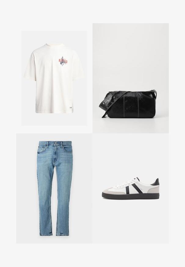 Cream cotton t-shirt with short sleeves and a crew neckline. Features a graphic print in blue and red with text and a motif.; Hollister Co. Straight leg jeans - medium wash; White sneaker with black and gray accents, featuring a textured gray toe cap, black rubber sole, and flat white laces. Clean design, minimalist style.; Black leather shoulder bag with a zip closure, featuring a textured body, white stitching, and a strap with silver grommets.