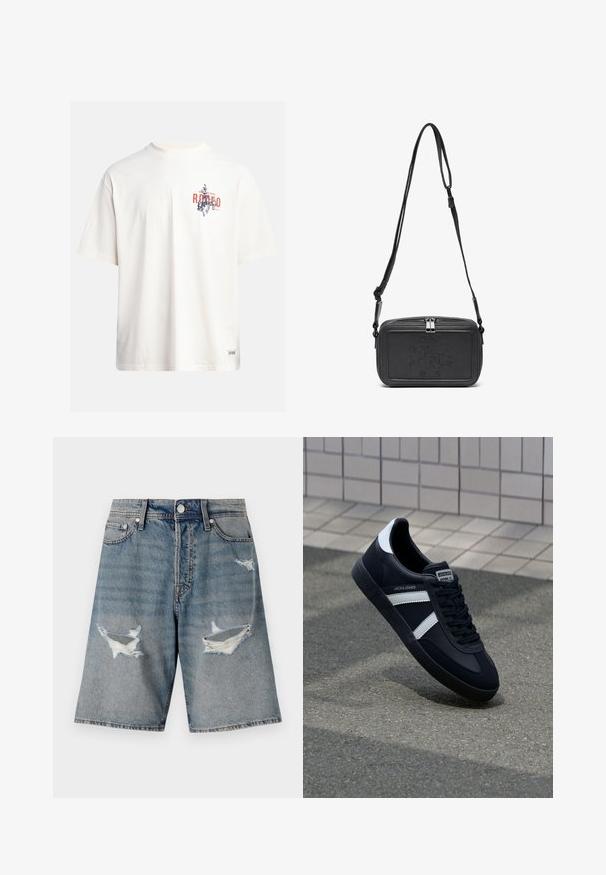 Krémové bavlněné tričko s krátkými rukávy a kulatým výstřihem. Obsahuje grafický potisk v modré a červené barvě s textem a motivem.; Džínové šortky světle modré barvy s poškozenými místy a třepícími se okraji. Obsahují klasické kapsy a zapínání na knoflík v pase.; Černé kožené tenisky s bílými pruhy, texturovanou gumovou podrážkou a šněrováním vpředu. Obsahují značenou etiketu na jazyku.; Černá kožená taška přes rameno s uzávěrem na zip, vyraženým logem na přední straně a nastavitelným popruhem. Hladký povrch s obdélníkovým tvarem.