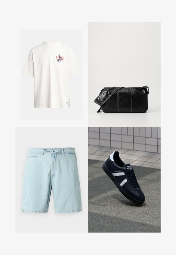 Camiseta de algodón crema con mangas cortas y cuello redondo. Presenta un estampado gráfico en azul y rojo con texto y un motivo.; Bermudas de mezclilla azul claro con cintura elástica y detalle de lazo, que cuentan con bolsillos laterales y un corte relajado. Textura suave, diseño casual.; Zapatilla de cuero negra con rayas blancas, suela de goma texturizada y parte frontal con cordones. Cuenta con una etiqueta de marca en la lengüeta.; Bolso de hombro de cuero negro con cierre de cremallera, que presenta un cuerpo texturizado, costuras blancas y una correa con ojales plateados.