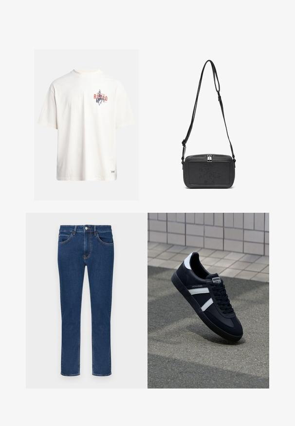 Krém színű, pamut póló rövid ujjakkal és kerek nyakú kivágással. Kék és piros grafikával, szöveggel és motívummal díszített.; Kék farmernadrág gombos és cipzáras záródással, elülső és hátsó zsebekkel, egyenes szárú szabással, egyszerű fehér háttéren.; Fekete bőr sportcipő fehér csíkokkal, textúrált gumitalppal és fűzős elejével. A nyelvén márkás címke található.; Fekete bőrből készült keresztbe hordható táska cipzáras záródással, dombornyomott logóval az elején és állítható pánttal. Simább textúrájú, téglalap alakú.