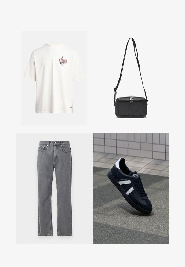 Cremefarvet bomulds t-shirt med korte ærmer og rund halsudskæring. Har et grafisk print i blåt og rødt med tekst og motiv.; Grå denim jeans med en lige ben-design, fem lommer og en knaplukning. Har subtil udvaskning og kontrastsyninger.; Sort lædersneaker med hvide striber, tekstureret gummisål og snørrebånd foran. Har et brandet mærke på tungen.; Sort læder crossover taske med lynlåslukning, præget logo på fronten og justerbar rem. Glat tekstur med rektangulær form.