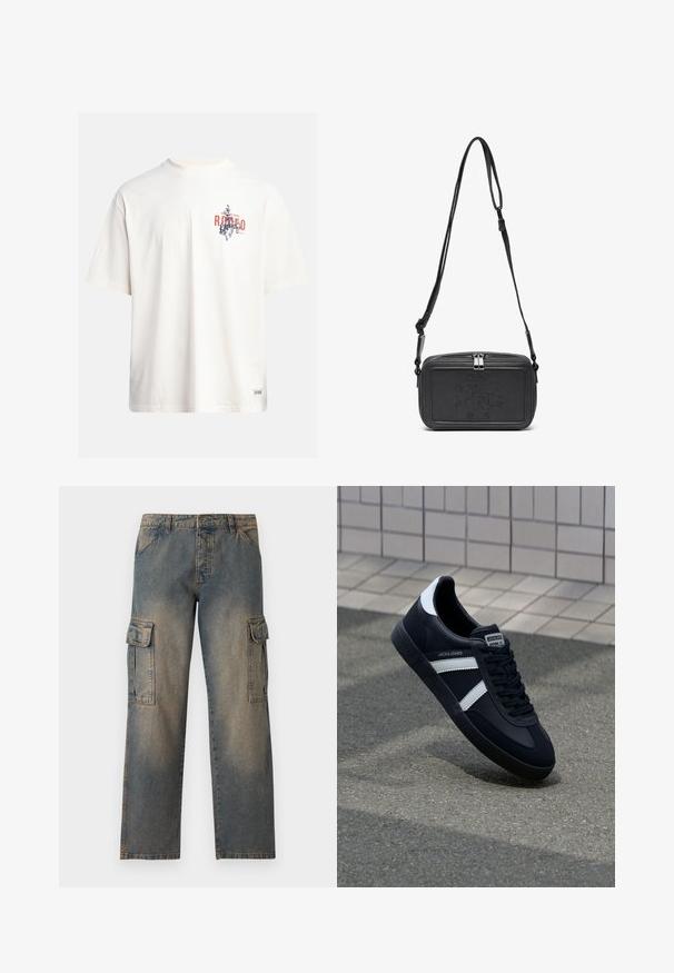 Kreminės spalvos medvilninė marškinė su trumptomis Rankovėmis ir apvaliu iškirpimu. Su grafiniu spausdinimu mėlynos ir raudonos spalvos su tekstu ir motyvu.; Džinsiniai cargo kelnės su blyškiai mėlyna spalva, laisvu siluetu, dviem didelėmis šoninėmis kišenėmis, siūlės siuvinėjimu ir klasikiniu juosmens dizainu.; Juodas odinis sportinis batelis su baltais dryžiais, tekstūruota gumine padais ir raišteliais priekyje. Yra prekės ženklą žymintis etiketė ant liežuvio.; Juodas odinis per petį nešiojamas krepšys su užtrauktuku, iškilniu logotipu priekyje ir reguliuojama dirželiu. Lygus paviršius, stačiakampio formos.