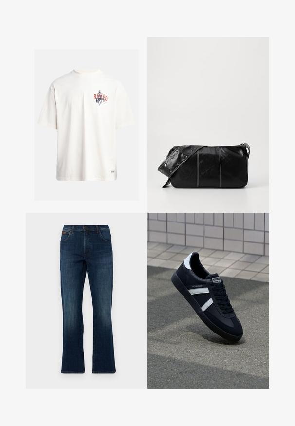 T-shirt in cotone crema con maniche corte e scollatura a girocollo. Presenta una stampa grafica in blu e rosso con testo e un motivo.; Jeans a palazzo in denim blu scuro con cinque tasche, chiusura con bottone frontale e un leggero sbiadimento sulle cosce per una variazione di texture.; Sneaker neri in pelle con strisce bianche, suola in gomma texturizzata e allacciatura frontale. Presenta un'etichetta con il marchio sulla linguetta.; Borsa a spalla in pelle nera con chiusura a zip, caratterizzata da un corpo testurizzato, cuciture bianche e una tracolla con occhielli in argento.