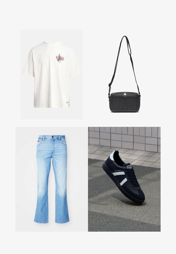 Krämfärgad bomullst-shirt med korta ärmar och rundad halsringning. Har ett grafiskt tryck i blått och rött med text och ett motiv.; Ljust blå utsvängda jeans i denim, med en blekt yta, femfickorsdesign och knäppning med knappar.; Svart lädersneaker med vita ränder, texturerad gummisul, och snörning fram. Har en märkesskylt på tungan.; Svart läder crossbody-väska med dragkedjestängning, präglad logga på framsidan och justerbar rem. Slät textur med rektangulär form.