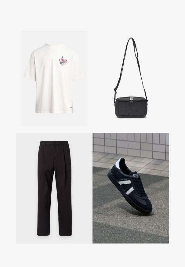 Kerman puuvillane T-särk lühikeste varrukatega ja ümmarguse kaelusega. Omab sinist ja punast graafilist trükist tekstiga ja motiiviga.; Jack & Jones JPSTBILL WILLIAM WORKER - Chinot - black; Mustat nahkakengät valkoisilla raidoilla, teksturoitu kumipohja ja nauha edessä. Varustettu merkkitarralla kielen päällä.; Musta nahkainen olkalaukku vetoketjulla, etuosassa kohoamalla painettu logo ja säädettävä hihna. Sujuva pinta ja suorakulmainen muoto.