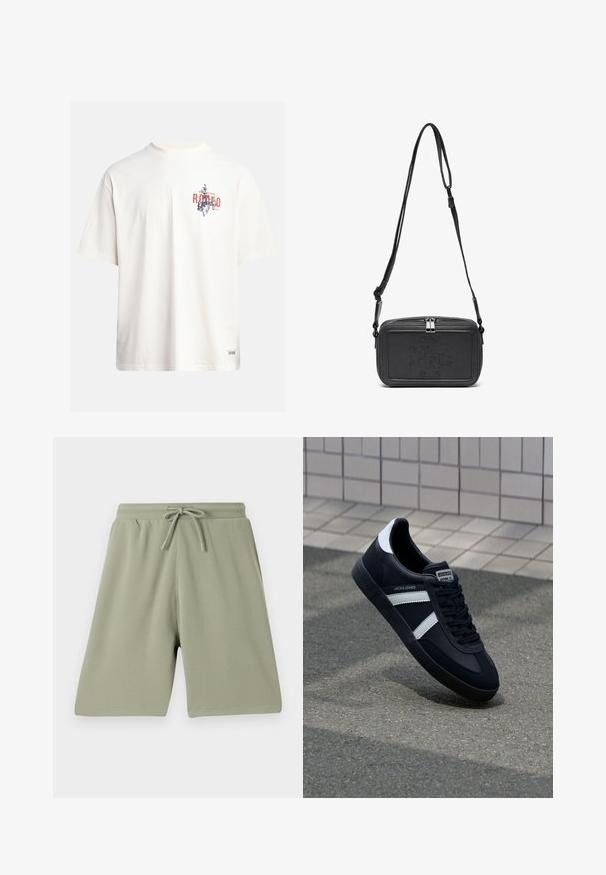 Krēmkrāsas kokvilnas T-krekls ar īsām piedurknēm un apaļu kakla izgriezumu. Ar zilas un sarkanas krāsas grafisku druku, kas ietver tekstu un motīvu.; Gaiši zaļie šorti, izgatavoti no teksturēta auduma, ar elastīgu jostu un šņorēšanu. Taisna piegriezuma un līdz ceļiem garuma dizains.; Melnā ādas sporta apavi ar baltām svītrām, teksturēta gumijas zole un auklu aizdare. Iekļauj zīmola etiķeti uz mēles.; Melna ādas soma uz pleca ar zīmolu, slēdzamu rāvējslēdzēju un regulējamu siksnu. Gluda tekstūra un taisnstūru forma.