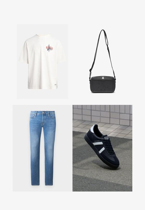 T-shirt en coton crème à manches courtes et col rond. Présente un imprimé graphique en bleu et rouge avec du texte et un motif.; Jeans en denim bleu clair avec une coupe droite, dotés d'une fermeture à bouton et à glissière, de cinq poches et d'un léger délavage.; Sneaker en cuir noir avec des rayures blanches, semelle en caoutchouc texturée et devant à lacets. Présente une étiquette de marque sur la languette.; Sac bandoulière en cuir noir avec une fermeture éclair, logo embossé à l'avant et une sangle réglable. Texture lisse avec une forme rectangulaire.