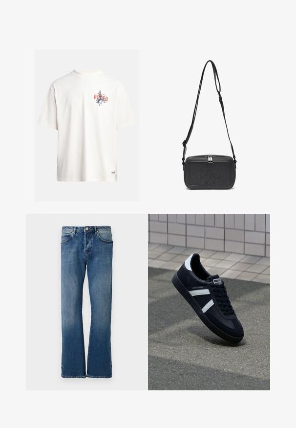 Krém színű, pamut póló rövid ujjakkal és kerek nyakú kivágással. Kék és piros grafikával, szöveggel és motívummal díszített.; Világoskék farmernadrág egyenes szabással, öt zsebbel, gombos zipzárral és finom halványodással az anyagon.; Fekete bőr sportcipő fehér csíkokkal, textúrált gumitalppal és fűzős elejével. A nyelvén márkás címke található.; Fekete bőrből készült keresztbe hordható táska cipzáras záródással, dombornyomott logóval az elején és állítható pánttal. Simább textúrájú, téglalap alakú.