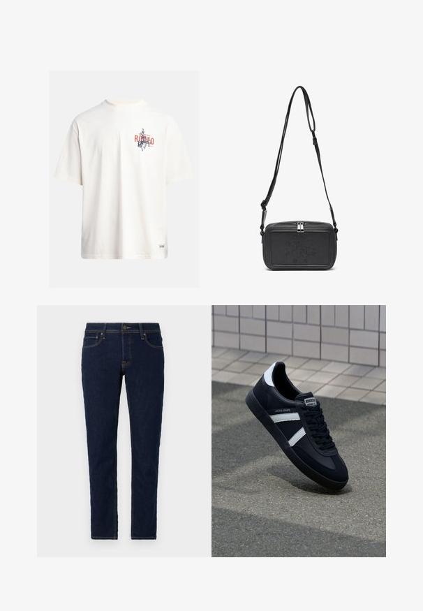 Krémové bavlnené tričko s krátkymi rukávmi a okrúhlym výstrihom. Obsahuje grafický potlač v modrej a červenej farbe s textom a motívom.; Tmavomodré denimové džínsy so Slim fit strihom. Obsahujú štandardný dizajn piatich vreciek, kontrastné prešívanie a kovový gombík na zapínanie.; Čierne kožené tenisky s bielymi pruhmi, textúrovanou gumovou podrážkou a šnurovaním vpredu. Obsahujú označenie značky na jazyku.; Čierna kožená crossbody taška so zipsom, s embosovaným logom na prednej strane a nastaviteľným popruhom. Hladká textura a obdlžníkový tvar.