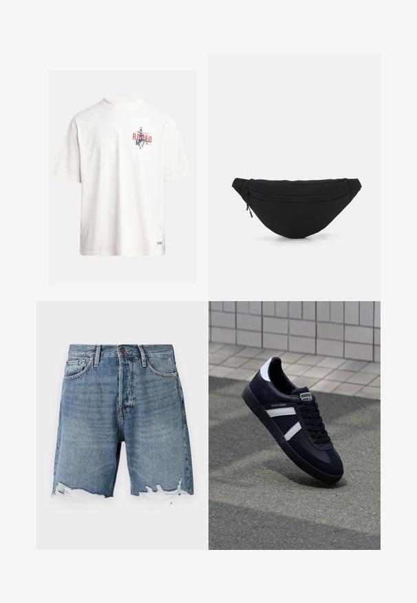 Crème katoenen t-shirt met korte mouwen en een ronde hals. Kenmerkt een grafische print in blauw en rood met tekst en een motief.; Lichtblauwe denim shorts met een verouderde zoom, vijf zakken en zichtbare stiksels. Heeft een knoopsluiting in de taille.; Zwarte leren sneaker met witte strepen, een gestructureerde rubberen zool en vetersluiting aan de voorkant. Voorzien van een merklabel op de tong.; Zwarte stof heuptas met een afgeronde vorm, voorzak met rits en een gladde textuur. Geen zichtbare patronen of accenten. Lichtgewicht ontwerp.