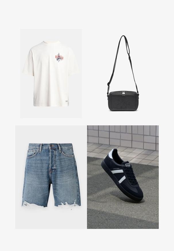 Kremasta pamukasta majica s kratkim rukavima i okruglim izrezom. Ima grafički ispis u plavoj i crvenoj boji s tekstom i motivom.; Traperice kratke hlače u svijetloplavoj boji s istrošenim rubom, dizajn s pet džepova i vidljivim šavovima. Imaju kopčanje na gumbe u struku.; Crne kožne tenisice s bijelim prugama, strukturirana gumena potplate i vezanjem sprijeda. Ima oznaku brenda na jeziku.; Crna kožna torbica preko tijela s patentnim zatvaračem, ugraviranim logotipom sprijeda i podesivim remenom. Glatka tekstura s pravokutnim oblikom.