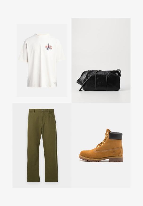 Κρέμα βαμβακερή μπλούζα με κοντό μανίκι και στρογγυλή λαιμόκοψη. Διαθέτει γραφικό τύπωμα σε μπλε και κόκκινο χρώμα με κείμενο και μοτίβο.; Πράσινα βαμβακερά παντελόνια με ίσια γραμμή, που διαθέτουν σχέδιο μπροστινής τσέπης, κλείσιμο με μεταλλικό κουμπί και διακριτές ραφές.; Μπεζ σουέτ ankle boots με μαύρη μαλακή επένδυση στον κολάρο, χρυσά μεταλλικά μάτια, λευκή ραφή και ανθεκτική καουτσούκ σόλα με έντονες γκριζαρισμένες υφές.; Μαύρη δερμάτινη τσάντα ώμου με φερμουάρ, με υφή σώματος, λευκή ραφή και λουρί με ασημένιες οπές.