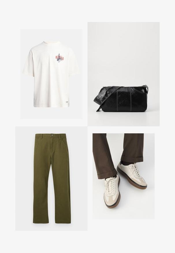 Kreemikollane puuvillane T-särk lühikeste varrukatega ja ümara kaelusega. Omab sinist ja punast graafilist trükist, millel on tekst ja motiiv.; Roheline puuvillane pükste sirge lõikega, millel on esipocket'i disain, metallnööp sulgumiseks ja peened õmbluse üksikasjad.; Bežid spordijalised, millel on tekstuuriga suede esiosa, siledast nahast küljed ja pruun kummitald. Lisatud on paelad ja heledad õmbluse detailid.; Must mustra nahkainine õlakott, millel on tõmblukk, tekstureeritud pind, valged õmblused ja rihm hõbedaste rõngastega.