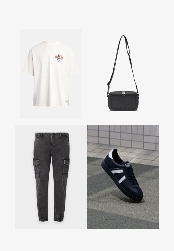 T-shirt in cotone crema con maniche corte e scollatura a girocollo. Presenta una stampa grafica in blu e rosso con testo e un motivo.; Pantaloni cargo neri con polsini elastici, dotati di grandi tasche laterali, una vestibilità rilassata e un tessuto denim leggermente rovinato e testurizzato.; Sneaker neri in pelle con strisce bianche, suola in gomma texturizzata e allacciatura frontale. Presenta un'etichetta con il marchio sulla linguetta.; Borsa a tracolla nera in pelle con chiusura zip, logo impresso sul davanti e tracolla regolabile. Texture liscia con forma rettangolare.