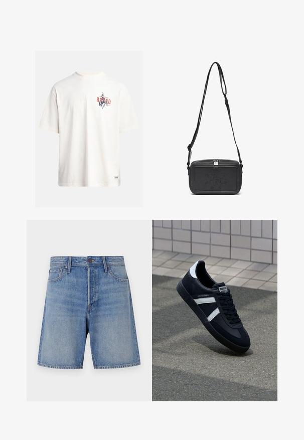 T-shirt en coton crème à manches courtes et col rond. Présente un imprimé graphique en bleu et rouge avec du texte et un motif.; Shorts en denim de couleur bleu clair, avec une taille haute, un design traditionnel à cinq poches et des coutures contrastantes le long des coutures.; Sneaker en cuir noir avec des rayures blanches, semelle en caoutchouc texturée et devant à lacets. Présente une étiquette de marque sur la languette.; Sac bandoulière en cuir noir avec une fermeture éclair, logo embossé à l'avant et une sangle réglable. Texture lisse avec une forme rectangulaire.