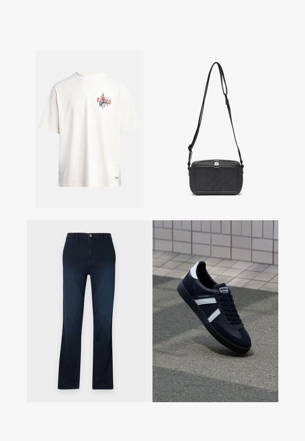 Kreemikollane puuvillane T-särk lühikeste varrukatega ja ümara kaelusega. Omab sinist ja punast graafilist trükist, millel on tekst ja motiiv.; Tumedat sinise värvi sirge lõikega teksapüksid, millel on tõmblukk, vöörihmade augud ja üks esikott kontrastsete õmblustähtedega.; Must have musta sneaker musta valgete triipudega, tekstuurne kummitald ja nööridega esiosa. Omab bränditud märki keele peal.; Musternast mustriga nahast ristiõlgadega kott, millel on tõmbluku sulgemine, esiküljel on sissepressitud logo ja reguleeritav rihm. Sile tekstuur ja ristkülikukujuline kuju.