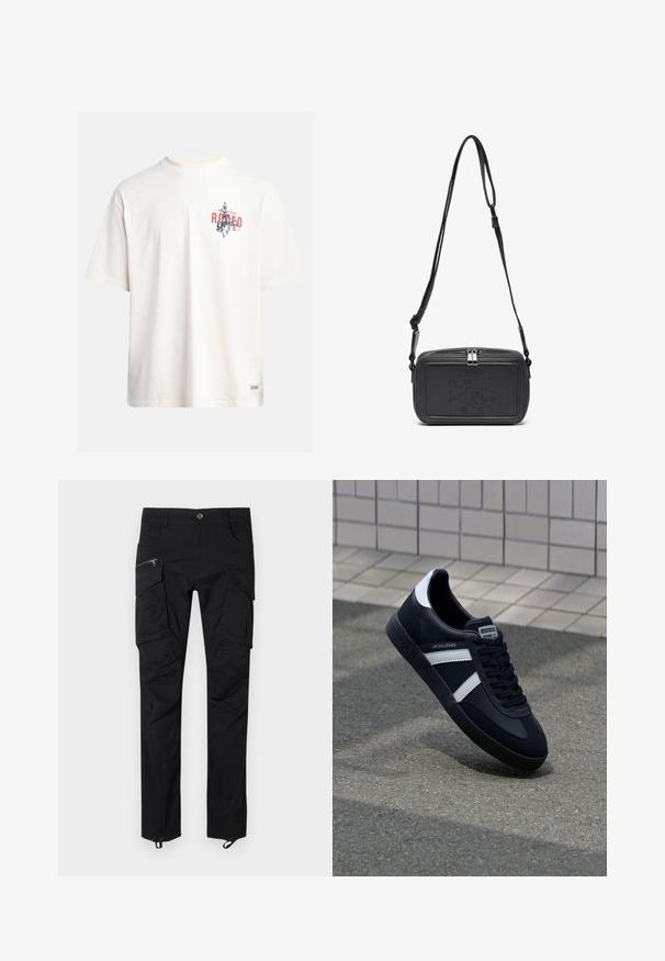 Cremfarbendes Baumwoll-T-Shirt mit kurzen Ärmeln und Rundhalsausschnitt. Verfügt über einen grafischen Druck in Blau und Rot mit Text und Motiv.; Schwarze Cargo-Hosen aus strapazierfähigem Stoff mit mehreren Taschen, Reißverschluss-Akzenten und einem verstellbaren Saum für eine sichere Passform.; Schwarze Leder-Sneaker mit weißen Streifen, strukturiertem Gummisohle und Schnürung. Verfügt über ein Markenetikett auf der Zunge.; Schwarze Leder-Crossbody-Tasche mit einem Reißverschluss, geprägtem Logo auf der Vorderseite und verstellbarem Riemen. Glatte Textur mit rechteckiger Form.