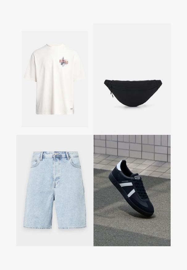 Crème katoenen t-shirt met korte mouwen en een ronde hals. Kenmerkt een grafische print in blauw en rood met tekst en een motief.; Lichtblauwe denim shorts met een relaxte pasvorm, voorzien van een ritssluiting, vijf zakken en contrasterende stiksels langs de naden.; Zwarte leren sneaker met witte strepen, een gestructureerde rubberen zool en vetersluiting aan de voorkant. Voorzien van een merklabel op de tong.; Zwarte stof heuptas met een afgeronde vorm, voorzak met rits en een gladde textuur. Geen zichtbare patronen of accenten. Lichtgewicht ontwerp.