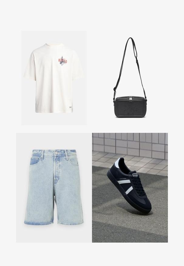 Cream cotton t-shirt with short sleeves and a crew neckline. Features a graphic print in blue and red with text and a motif.; Light blue denim shorts with a loose fit, featuring a five-pocket design, a front button closure, and frayed hem edges.; Black leather sneaker with white stripes, textured rubber sole, and lace-up front. Features a branded label on the tongue.; Black leather crossbody bag with a zip closure, embossed logo on the front, and adjustable strap. Smooth texture with a rectangular shape.