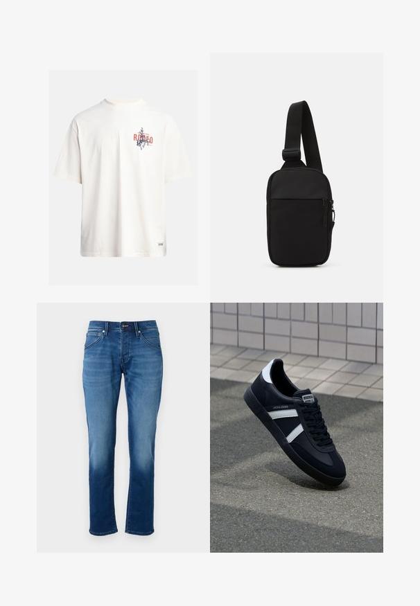 Tricou din bumbac crem, cu mâneci scurte și decolteu rotund. Prezintă un print grafic în nuanțe de albastru și roșu, cu text și un motiv.; Jeans din denim albastru cu croi dreapt, textură moale, cinci buzunare și închidere cu nasture. Materialul are un efect de spălare estompat.; Sneaker din piele neagră cu dungi albe, talpă din cauciuc texturat și șireturi. Prezintă un eticheta de marcă pe limbă.; Geantă crossbody neagră, confecționată dintr-un material rezistent, dotată cu o curea ajustabilă, un compartiment principal cu fermoar și o buzunar frontal.
