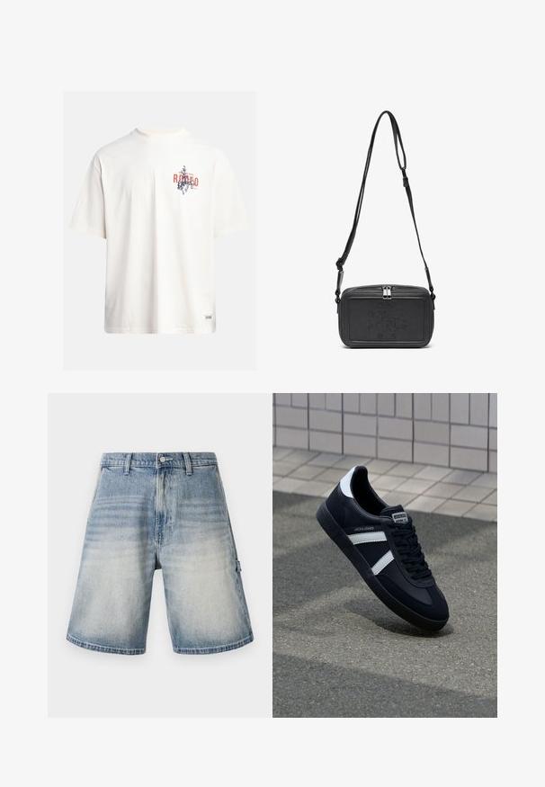 Kerman puuvillane T-särk lühikeste varrukatega ja ümmarguse kaelusega. Omab sinist ja punast graafilist trükist tekstiga ja motiiviga.; Farkkushortsit haalistuneessa sinisessä värissä, löysä istuvuus ja suora leikkaus. Sisältää viisi taskua ja vyölenkit, joissa on hienovarainen kulunut kuvio.; Mustat nahkakengät valkoisilla raidoilla, teksturoitu kumipohja ja nauha edessä. Varustettu merkkitarralla kielen päällä.; Musta nahkainen olkalaukku vetoketjulla, etuosassa kohoamalla painettu logo ja säädettävä hihna. Sujuva pinta ja suorakulmainen muoto.