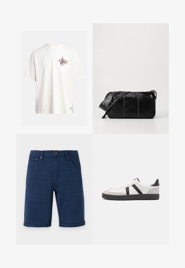 Cream cotton t-shirt with short sleeves and a crew neckline. Features a graphic print in blue and red with text and a motif.; Navy blue denim shorts with a straight cut, rolled hem, five pockets, and metallic button detailing. Smooth texture and solid color.; White sneaker with black and gray accents, featuring a textured gray toe cap, black rubber sole, and flat white laces. Clean design, minimalist style.; Black leather shoulder bag with a zip closure, featuring a textured body, white stitching, and a strap with silver grommets.