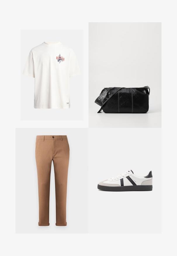 Cream cotton t-shirt with short sleeves and a crew neckline. Features a graphic print in blue and red with text and a motif.; Brown cotton trousers with a straight fit, featuring a front button closure, belt loops, and rolled cuffs at the hem.; White sneaker with black and gray accents, featuring a textured gray toe cap, black rubber sole, and flat white laces. Clean design, minimalist style.; Black leather shoulder bag with a zip closure, featuring a textured body, white stitching, and a strap with silver grommets.