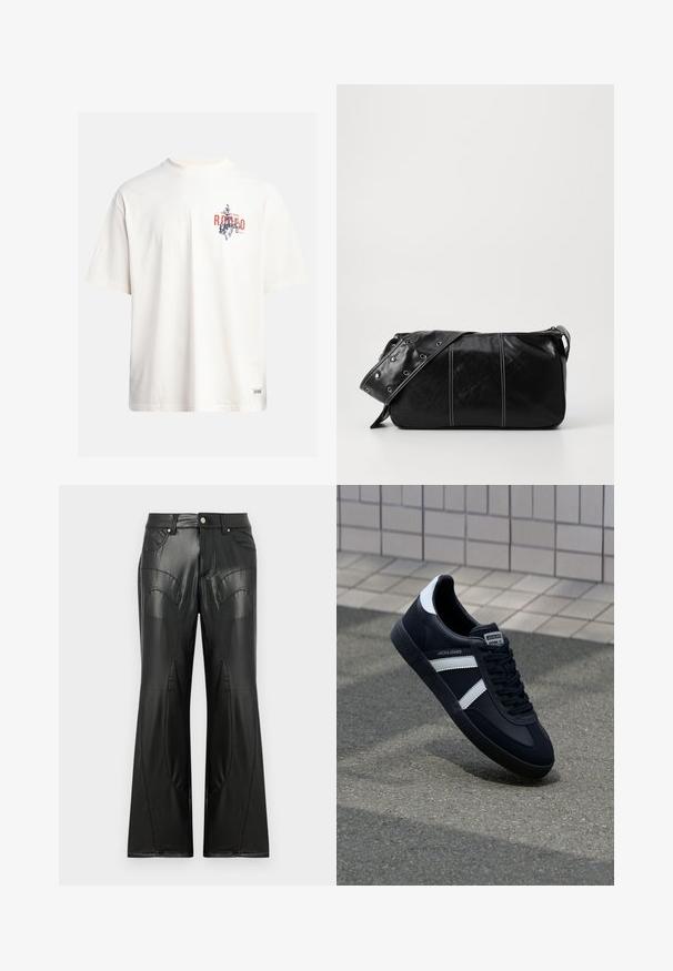 Crème katoenen t-shirt met korte mouwen en een ronde hals. Kenmerkt een grafische print in blauw en rood met tekst en een motief.; Zwarte flared broeken van faux leer, met voorzakken, zichtbare stiksels en gebogen paneeldetails aan de zijkanten.; Zwarte leren sneaker met witte strepen, een gestructureerde rubberen zool en vetersluiting aan de voorkant. Voorzien van een merklabel op de tong.; Zwarte leren schoudertas met een ritsluiting, voorzien van een gestructureerd lichaam, witte stiksels en een band met zilveren oogjes.
