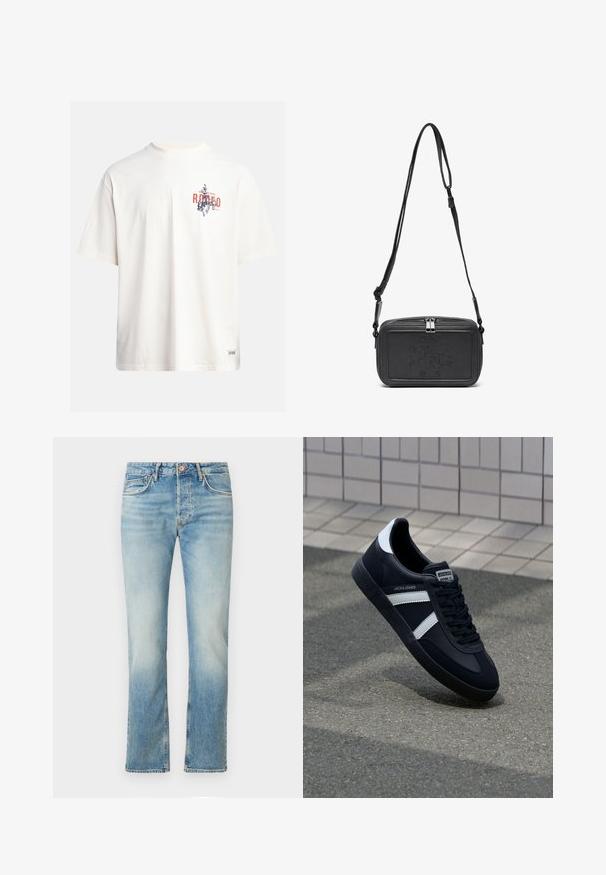 T-shirt in cotone crema con maniche corte e scollatura a girocollo. Presenta una stampa grafica in blu e rosso con testo e un motivo.; Jeans in denim blu chiaro con taglio dritto, caratterizzati da una texture sbiadita, cinque tasche, chiusura frontale con bottone e dettagli di cucitura discreti.; Sneaker neri in pelle con strisce bianche, suola in gomma texturizzata e allacciatura frontale. Presenta un'etichetta con il marchio sulla linguetta.; Borsa a tracolla nera in pelle con chiusura zip, logo impresso sul davanti e tracolla regolabile. Texture liscia con forma rettangolare.