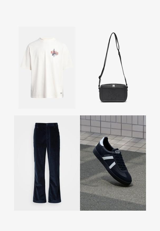 Cremefarvet bomulds t-shirt med korte ærmer og rund halsudskæring. Har et grafisk print i blåt og rødt med tekst og motiv.; Mørkeblå fløjlshandsker med lige ben-design, der har lodrette ribber, knaplukning og forlommer.; Sort lædersneaker med hvide striber, tekstureret gummisål og snørrebånd foran. Har et brandet mærke på tungen.; Sort læder crossover taske med lynlåslukning, præget logo på fronten og justerbar rem. Glat tekstur med rektangulær form.
