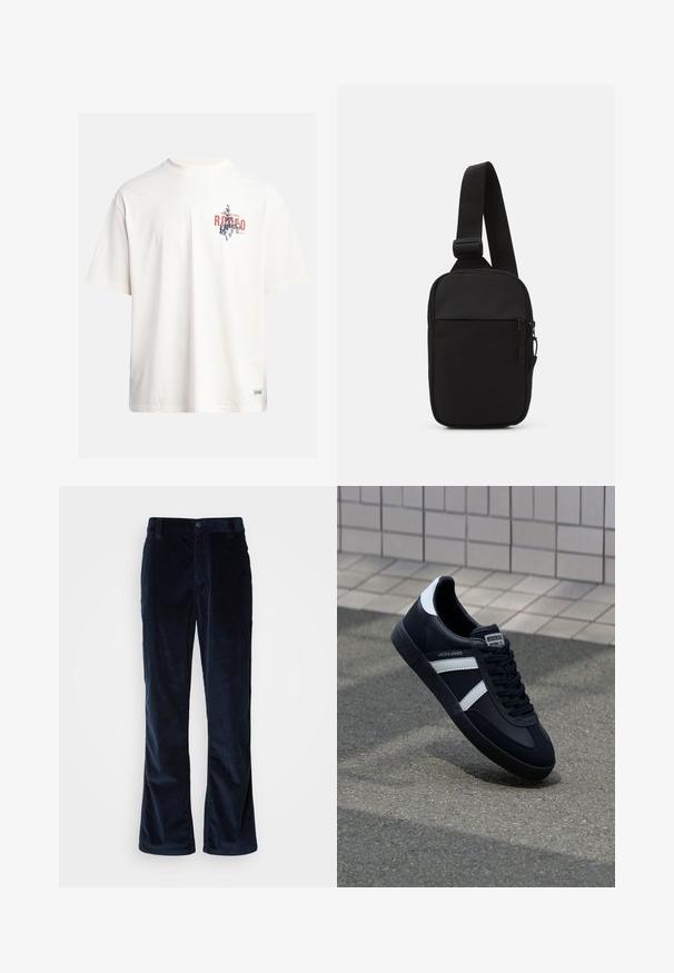 Krémové bavlněné tričko s krátkými rukávy a kulatým výstřihem. Obsahuje grafický potisk v modré a červené barvě s textem a motivem.; Námořnické modré manšestrové kalhoty s rovnými nohavicemi, které mají vertikální jemné proužky, zapínání na knoflík a přední kapsy.; Černé kožené tenisky s bílými pruhy, texturovanou gumovou podrážkou a šněrováním vpředu. Obsahují značenou etiketu na jazyku.; Černá crossbody taška vyrobená z odolné tkaniny, s jedním nastavitelným popruhem, zapínacím hlavním oddělením a přední kapsou.