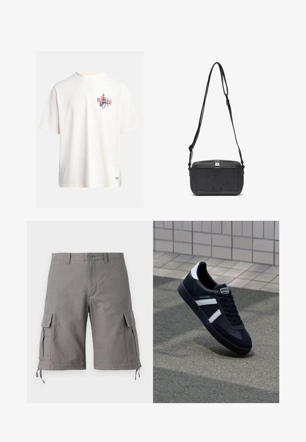 Cream cotton t-shirt with short sleeves and a crew neckline. Features a graphic print in blue and red with text and a motif.; Gray cargo shorts made of cotton blend fabric. Features side pockets, adjustable drawstrings at the hem, and a button closure.; Black leather sneaker with white stripes, textured rubber sole, and lace-up front. Features a branded label on the tongue.; Black leather crossbody bag with a zip closure, embossed logo on the front, and adjustable strap. Smooth texture with a rectangular shape.