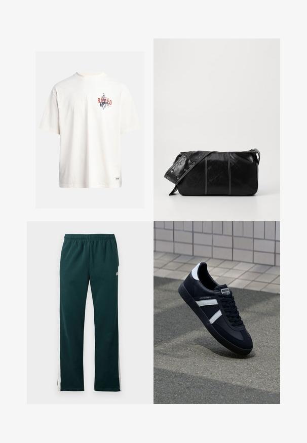 Kremfarget bomulls T-skjorte med korte ermer og rund hals. Har et grafisk trykk i blått og rødt med tekst og et motiv.; Mørkegrønne joggebukser med elastisk linning og hvite striper som går nedover ytterkantene av bena.; Sorte lærersneaker med hvite striper, teksturert gummihæl og snøring foran. Har et merketikett på tungen.; Svart lær skulderveske med glidelås, med teksturert overflate, hvite sømmer og en stropp med sølvringer.