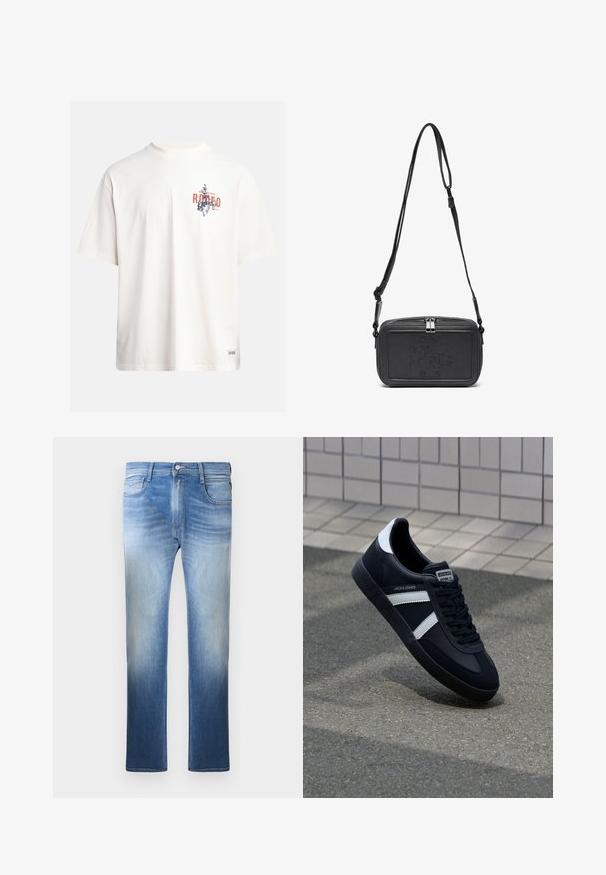 Kreemikollane puuvillane T-särk lühikeste varrukatega ja ümara kaelusega. Omab sinist ja punast graafilist trükist, millel on tekst ja motiiv.; Heledad sinise denim püksid, millel on pleekinud pesu, sirge sääre disain, viis taskut ja õmbluse aktsendid vöökoha ning taskute ümber.; Must have musta sneaker musta valgete triipudega, tekstuurne kummitald ja nööridega esiosa. Omab bränditud märki keele peal.; Musternast mustriga nahast ristiõlgadega kott, millel on tõmbluku sulgemine, esiküljel on sissepressitud logo ja reguleeritav rihm. Sile tekstuur ja ristkülikukujuline kuju.