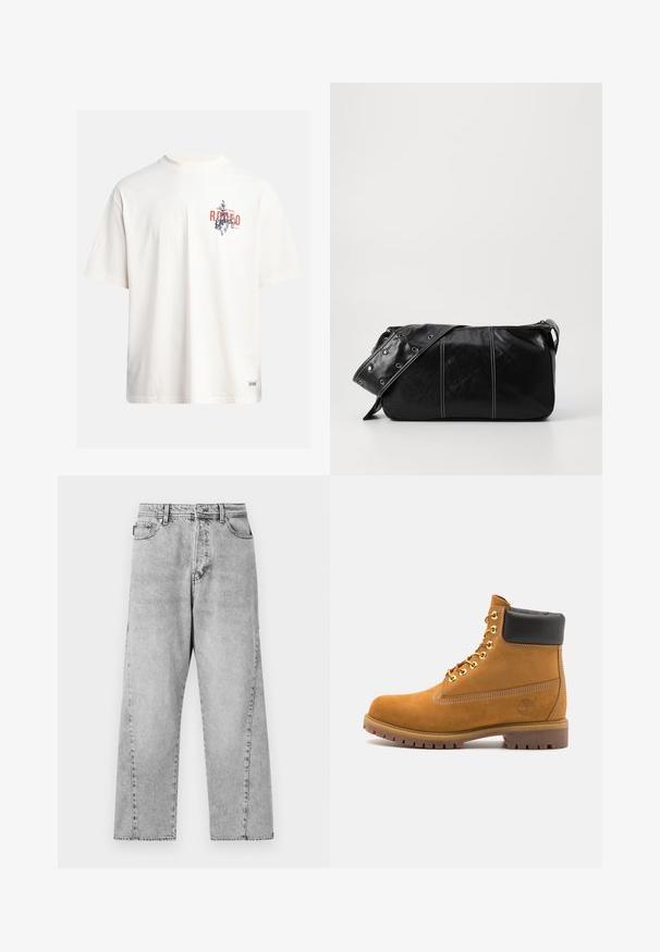 Tricou din bumbac crem, cu mâneci scurte și decolteu rotund. Prezintă un print grafic în nuanțe de albastru și roșu, cu text și un motiv.; Blugi gri din denim cu croi larg, cu talie înaltă, având un design clasic cu cinci buzunare și detalii de cusut vizibile.; Cizmă de gleznă din întoarsă de culoare bej, cu guler negru căptușit, ochiuri din metal auriu, detalii de cusătură albă și talpă din cauciuc robustă, cu un model pronunțat.; Geantă de umăr din piele neagră cu închidere cu fermoar, având un corp texturat, cusături albe și o curea cu ochiuri argintii.