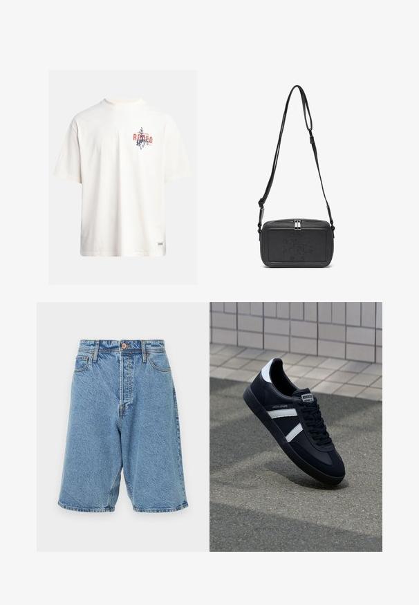 Krém színű, pamut póló rövid ujjakkal és kerek nyakú kivágással. Kék és piros grafikával, szöveggel és motívummal díszített.; Világoskék farmer rövidnadrág, koptatott textúrával. Elöl gombos záródással, övhurkokkal és oldalsó zsebekkel rendelkezik. Erős varrás kiemeli.; Fekete bőr sportcipő fehér csíkokkal, textúrált gumitalppal és fűzős elejével. A nyelvén márkás címke található.; Fekete bőrből készült keresztbe hordható táska cipzáras záródással, dombornyomott logóval az elején és állítható pánttal. Simább textúrájú, téglalap alakú.