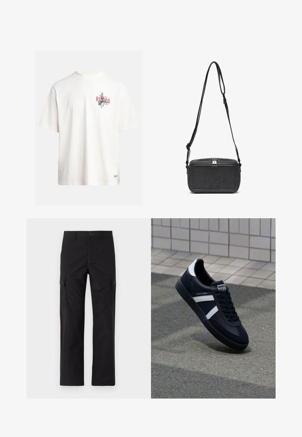 Cremefarvet bomulds t-shirt med korte ærmer og rund halsudskæring. Har et grafisk print i blåt og rødt med tekst og motiv.; Jack & Jones JPSTKARL KURTIS SNAP TECH - Cargobukser - black; Sort lædersneaker med hvide striber, tekstureret gummisål og snørrebånd foran. Har et brandet mærke på tungen.; Sort læder crossover taske med lynlåslukning, præget logo på fronten og justerbar rem. Glat tekstur med rektangulær form.