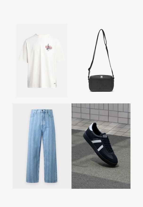 Cream cotton t-shirt with short sleeves and a crew neckline. Features a graphic print in blue and red with text and a motif.; Light blue denim jeans with a wide-leg design, featuring a repeat chain pattern. Classic five-pocket styling and metal button detail.; Black leather sneaker with white stripes, textured rubber sole, and lace-up front. Features a branded label on the tongue.; Black leather crossbody bag with a zip closure, embossed logo on the front, and adjustable strap. Smooth texture with a rectangular shape.