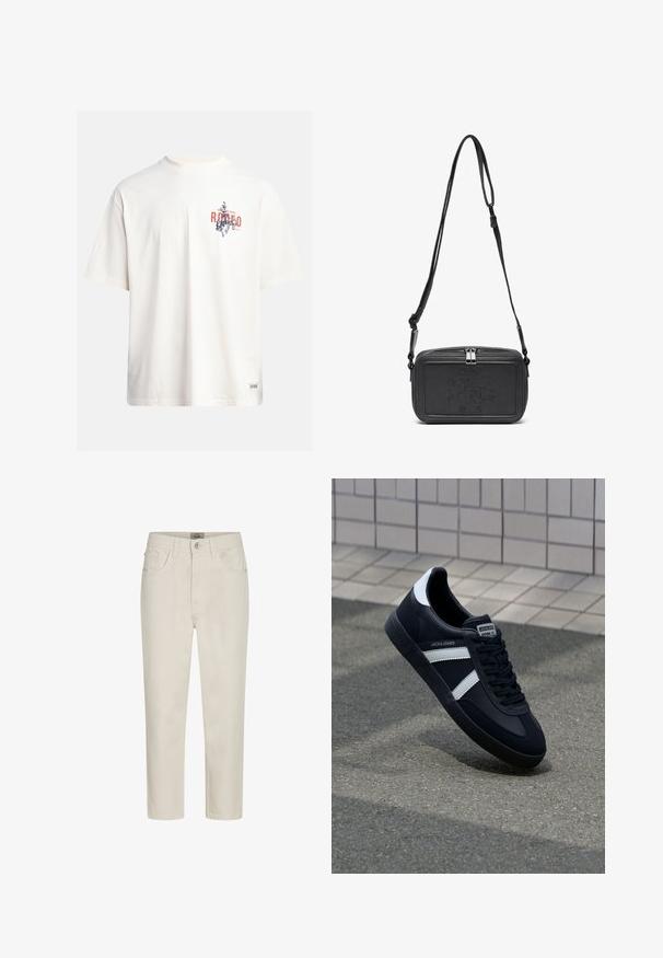 T-shirt en coton crème à manches courtes et col rond. Présente un imprimé graphique en bleu et rouge avec du texte et un motif.; Jean beige à jambe droite avec bouton frontal, passants de ceinture et un design à cinq poches, présenté sur un fond blanc.; Sneaker en cuir noir avec des rayures blanches, semelle en caoutchouc texturée et devant à lacets. Présente une étiquette de marque sur la languette.; Sac bandoulière en cuir noir avec une fermeture éclair, logo embossé à l'avant et une sangle réglable. Texture lisse avec une forme rectangulaire.