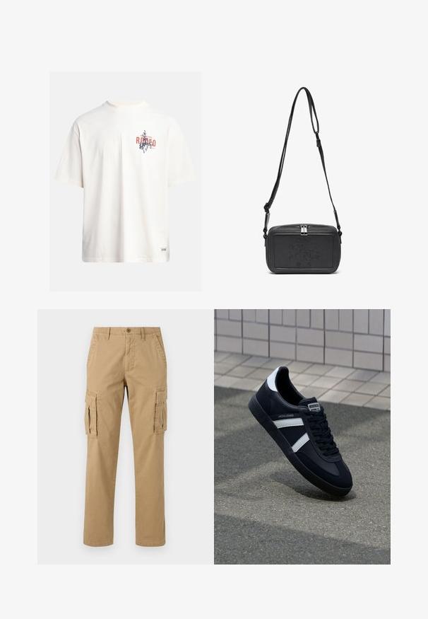 Krémové bavlněné tričko s krátkými rukávy a kulatým výstřihem. Obsahuje grafický potisk v modré a červené barvě s textem a motivem.; Beige cargo kalhoty s dvěma bočními kapsami, knoflíkovým zapínáním, rovnými nohavicemi a měkkou, strukturovanou tkaninou.; Černé kožené tenisky s bílými pruhy, texturovanou gumovou podrážkou a šněrováním vpředu. Obsahují značenou etiketu na jazyku.; Černá kožená taška přes rameno s uzávěrem na zip, vyraženým logem na přední straně a nastavitelným popruhem. Hladký povrch s obdélníkovým tvarem.