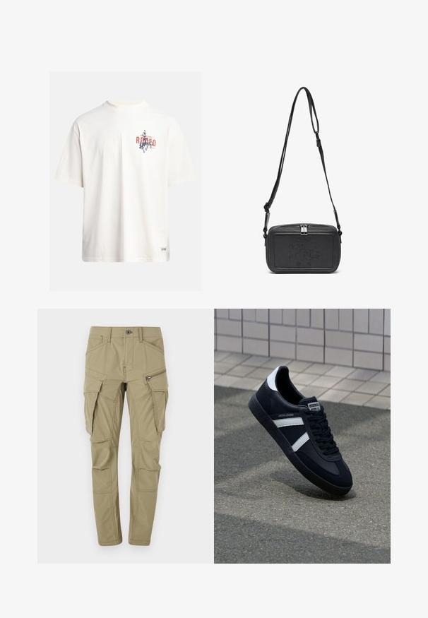 Kreemikollane puuvillane T-särk lühikeste varrukatega ja ümara kaelusega. Omab sinist ja punast graafilist trükist, millel on tekst ja motiiv.; Khaki cargo püksid, mis on valmistatud vastupidavast kangast, mitmete küljetaskutega, slim fit lõikega ja nähtavate õmbluste aktsentidega.; Must have musta sneaker musta valgete triipudega, tekstuurne kummitald ja nööridega esiosa. Omab bränditud märki keele peal.; Musternast mustriga nahast ristiõlgadega kott, millel on tõmbluku sulgemine, esiküljel on sissepressitud logo ja reguleeritav rihm. Sile tekstuur ja ristkülikukujuline kuju.